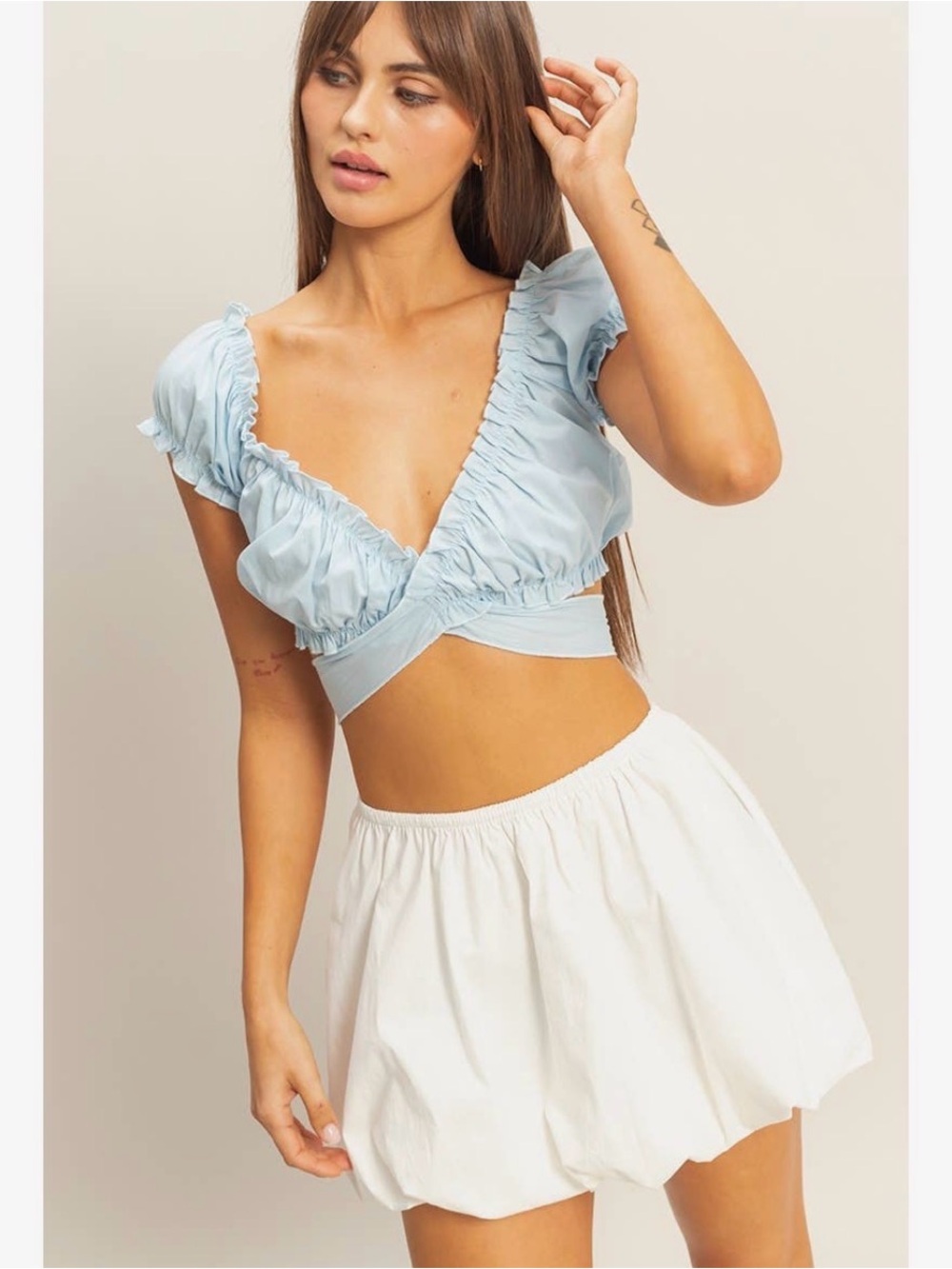 HYFVE Light Blue Ruffle Wrap Crop Top